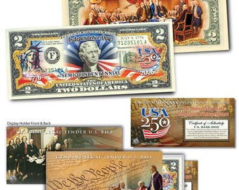Billete de 2 dólares coleccionable del 250.º aniversario de Estados Unidos, Día de la Independencia, a todo color, de 2 caras