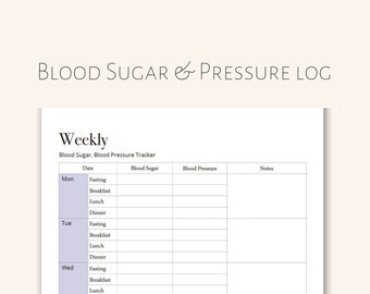 Weekly Blood Sugar and Blood Pressure Log, Diabetes Tracker Printable PDF