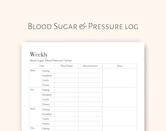 Diabetic Diary Printable, Weekly Glucose and Blood Pressure Tracker PDF