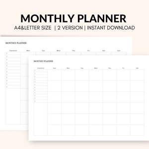 Undated Monthly Checklist Printable Planner, Productivity Monthly Planner, Monthly Agenda, Monthly Organizer, Landscape, A4 Letter Printable