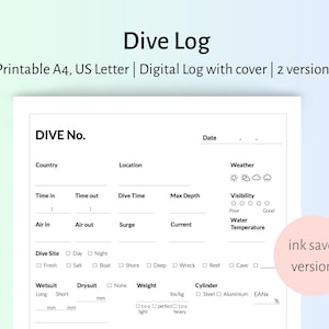 Dive Log Book Printable & Digital | GoodNotes PDF | A4 US Letter Size | Scuba Planner | Scuba Diving Log Sheet Template