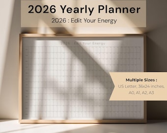 2026 Yearly Planner Printable Year at a Glance Large Wall Calendar One Page Annual Planner PDF