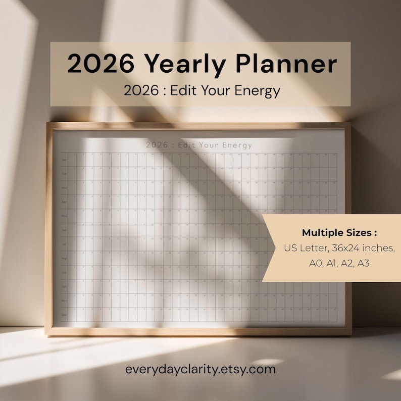 2026 Yearly Planner Printable Year at a Glance Large Wall Calendar One ...