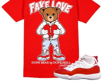 Cherry 11s DopeSkill Unisex Shirt Fake Love Graphic - Varsity Red Tshirt