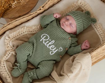 Personalised Embroidered Baby Outfit, Personalised Baby Shower Gift, Coming Home Outfit, Personalised Gift, Knitted Luxe Outfit 3 Piece Set