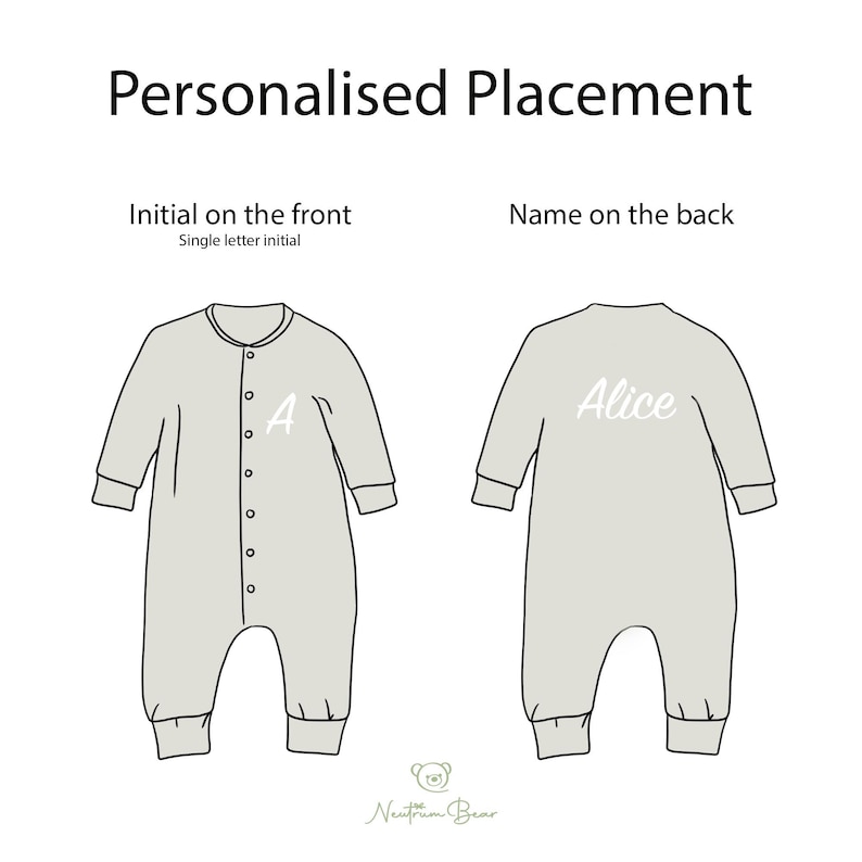 May include: A light gray baby romper shown from the front and back. The front view displays a single letter initial A, while the back view features the name Alice in white script. The text Personalised Placement, Initial on the front, and Name on the back are visible above the illustrations.