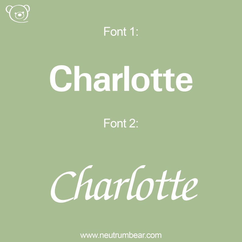 May include: A green background with the name Charlotte written in two different fonts. The first font is a simple sans-serif font. The second font is a cursive font. The text "www.neutrumbear.com" is at the bottom of the image.