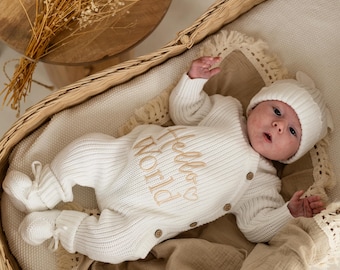 Personalised Baby Outfit, Personalised Baby Shower Gift, Coming Home Outfit, Personalised Gift, Knitted Luxe Hello World 3 Piece Set