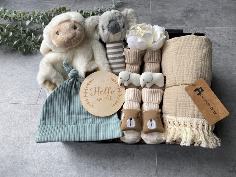 Willkommen auf der Welt, Geschenk zur Geburt eines Babys, Geschenk für einen Jungen, ein Mädchen für ein Baby, ein Geschenk für Neugeborene, eine Geschenkbox zur Geburt eines Babys, ein Babykorb, ein Geschenk zur Babyparty, ein Luxusgeschenk Bild 1