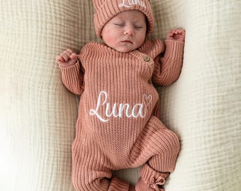Personalised Embroidered Baby Outfit, Personalised Baby Shower Gift, Coming Home Outfit, Personalised Gift, Knitted Luxe Outfit 3 Piece Set