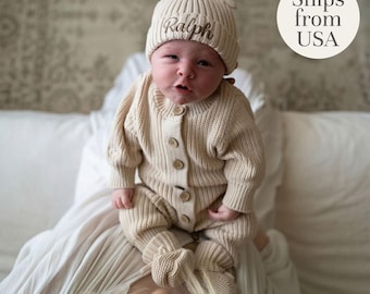 Personalised Baby Knitted 3 Piece Set, Coming Home Outfit, Baby Gift, Baby Boy, Baby Girl, First baby Outfit, Baby Shower, Hospital Bag, USA