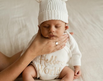 Hello World Baby Outfit, Neutral Baby, Cotton Knit Romper, Teddy Hat & Booties, Coming Home Oufit, Baby Shower Gift, USA