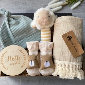 May include: A gift box filled with baby items, including a light blue knitted hat, a wooden sign that says "Hello world", a pair of cream-colored socks with brown bear faces, a cream-colored muslin blanket with fringe, and a plush lamb rattle with yellow and white stripes.