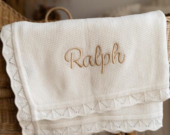 Personalised Knitted Baby Blanket, Embroidered Baby Gift, Personalised Baby Shower Gift