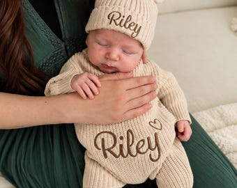 Personalised Embroidered Baby Outfit, Personalised Baby Shower Gift, Coming Home Outfit, Personalised Gift, Knitted Luxe Outfit 3 Piece Set