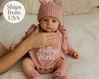 Hello World Baby Outfit, Neutral Baby, Cotton Knit Romper, Teddy Hat & Booties, Coming Home Oufit, Baby Shower Gift, USA