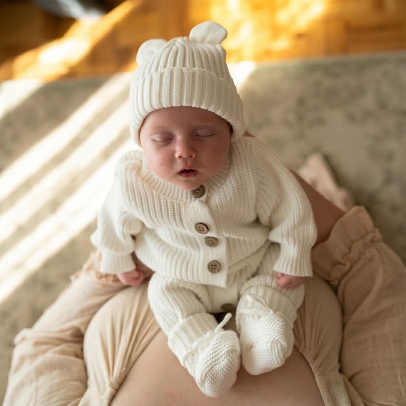 May include: A cream-colored ribbed knit outfit consisting of a long-sleeved button-down cardigan, matching pants, and a beanie with small bear ears. The cardigan features four brown buttons down the front, and the set is made of a soft, textured yarn.