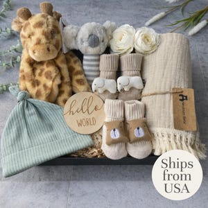 May include: A baby gift set featuring a plush giraffe and koala, a light green beanie, a wooden sign with "hello world" text, two pairs of baby socks with elephant and bear designs, a cream-colored blanket, and white flowers.