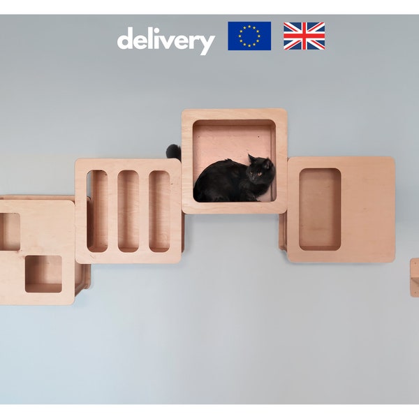 Cat wall furniture set 7 pieces, modern cat furniture, cat shelves, square shelves, cat climb wall, floating cat shelves, cat wall bed