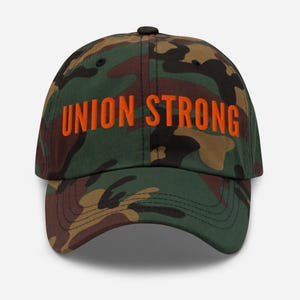Camo Embroidered Union Strong Baseball Cap: Workers Rights