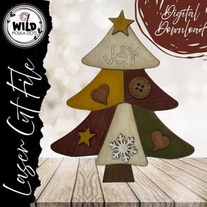 May include: A wooden Christmas tree decoration with a star on top and the word "JOY". The tree is segmented into sections of various colours, including beige, yellow, and green, with decorative elements like hearts, a button, and a snowflake. The words "Laser Cut File" are on the left.