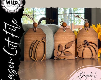 Fall Pumpkin & Leaves Tags SVG File for DIY Fall Decor - Glowforge Laser Cut File Digital Download, Layered  DIY Maker Kit, Cutout Shapes