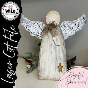 Pode incluir: Estatueta de anjo de madeira com tinta branca desgastada e asas texturizadas. O anjo tem uma estrela dourada e uma etiqueta que diz "faith". A imagem também inclui o texto "Laser Cut File" e "Digital Download".