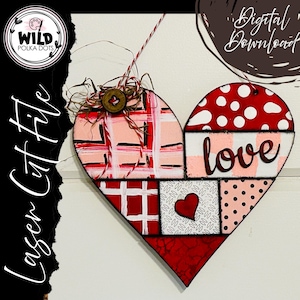 May include: A heart-shaped wooden decoration with a patchwork design. The design includes red, pink, and white patterns, with the word "love" in the center. A small red heart is also featured. The decoration is a digital download.