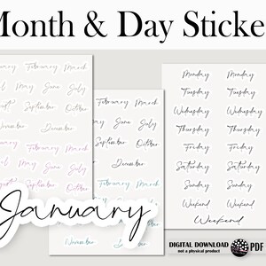 Month & Day Script Sticker Labels for Planner, Scrapbook, Bullet Journal, Cricut cut  Teal Mauve Beige and Black Typography Digital Download