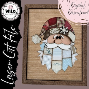 May include: A framed wooden Santa Claus design, featuring a patchwork hat in red, brown, and cream patterns. The face is light brown with a white beard and mustache. The background is a light wood grain. Text on the left says "Laser Cut File".