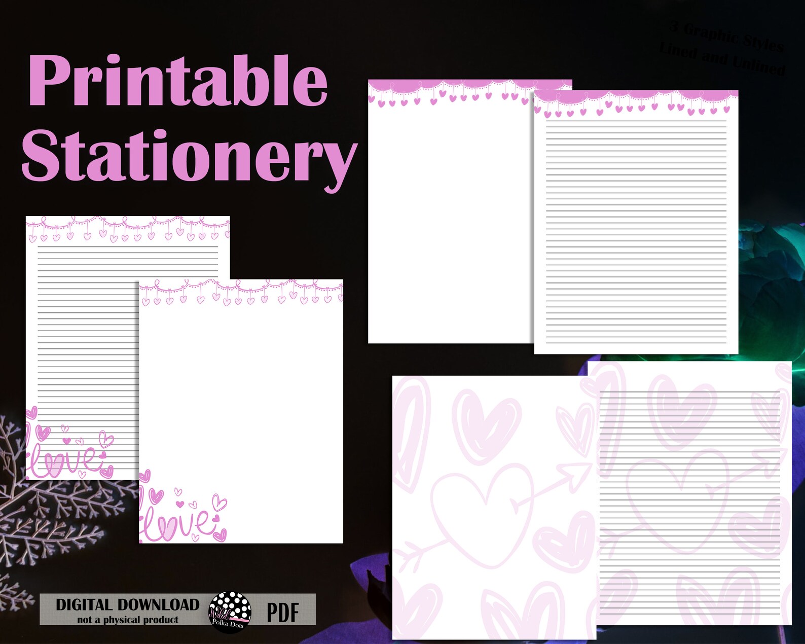 Love Notes Printable Stationery Paper Pack Heart Print Lined Journal ...
