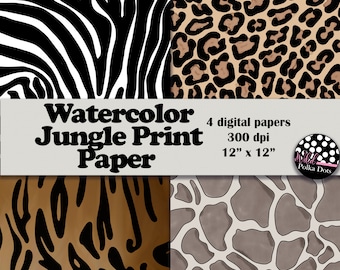 Jungle Print Watercolor Digital Paper Pack Safari Leopard Tiger Zebra Giraffe Instant Download Printable Scrapbook Papers