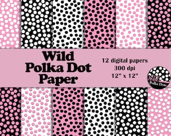 Wilde Polka Dot Digital Paper Pack rosa weiß & schwarz Instant Download druckbare Scrapbook Papiere