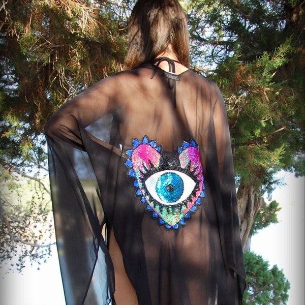 Juela Sequin Kaftan Cover Up - Evil Eye or Hamsa - Beach Vacation Festival - Boho - Jacket