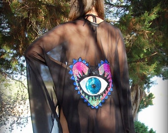 Juela Sequin Kaftan Cover Up - Evil Eye or Hamsa - Beach Vacation Festival - Boho - Jacket