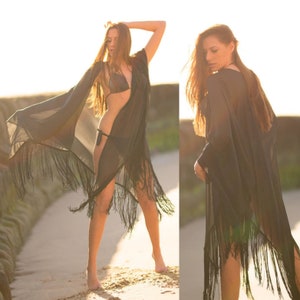 Schwarzer Fransen Kaftan - Kimono - Strandüberwurf