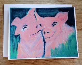 Handmade Piglet Oil Pastel Greeting Card with Envelope - Unique Artistic Design