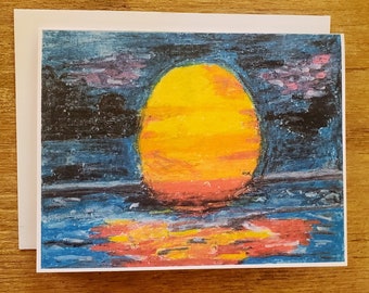 Handmade Sunset Oil Pastel Greeting Card with Envelope - Unique Artistic Design