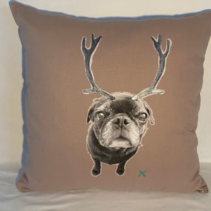 Pillow Emmi, pug with antlers, handpainted, gift for pug friends, taupe