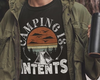 Camiseta Camping Is Intents, Camiseta divertida con juego de palabras sobre acampada, Camiseta sarcástica sobre la vida de campista, Regalo retro de humor al aire libre para campistas, Camiseta de acampada