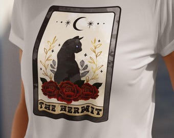 The Hermit Tarot Cat Shirt, Black Cat Tarot Card Tee, Witchy Gothic Cat T-Shirt, Mystic Tarot Reader Gift, Occult Moon Shirt
