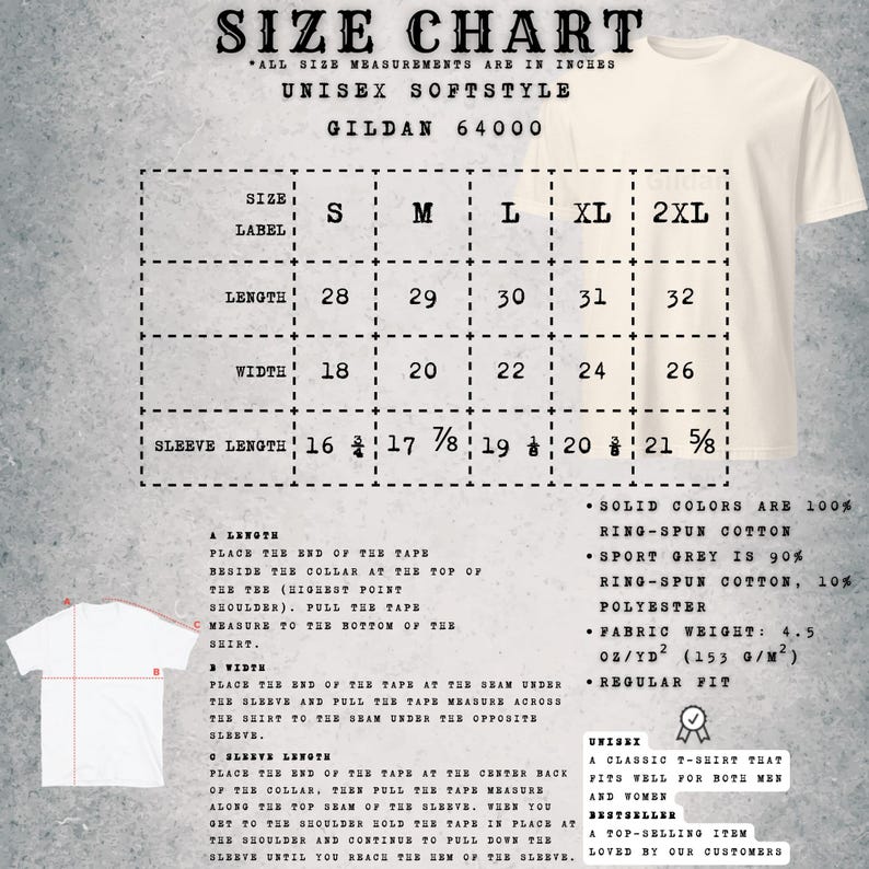 K&ouml;nnte beinhalten: Gr&ouml;&szlig;entabelle f&uuml;r ein Unisex-T-Shirt Gildan 64000 Softstyle. Ma&szlig;e in Zoll. Enth&auml;lt L&auml;nge, Breite und &Auml;rmell&auml;nge f&uuml;r die Gr&ouml;&szlig;en S bis 2XL. Details zur Messung des Shirts sind ebenfalls angegeben.