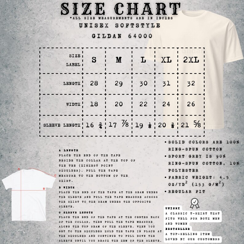 Op de afbeelding: Maattabel voor een Gildan 64000 unisex softstyle t-shirt. Afmetingen in inches. Inclusief lengte, breedte en mouwlengte voor maten S t/m 2XL. Stofgewicht: 153 g/m&sup2;.