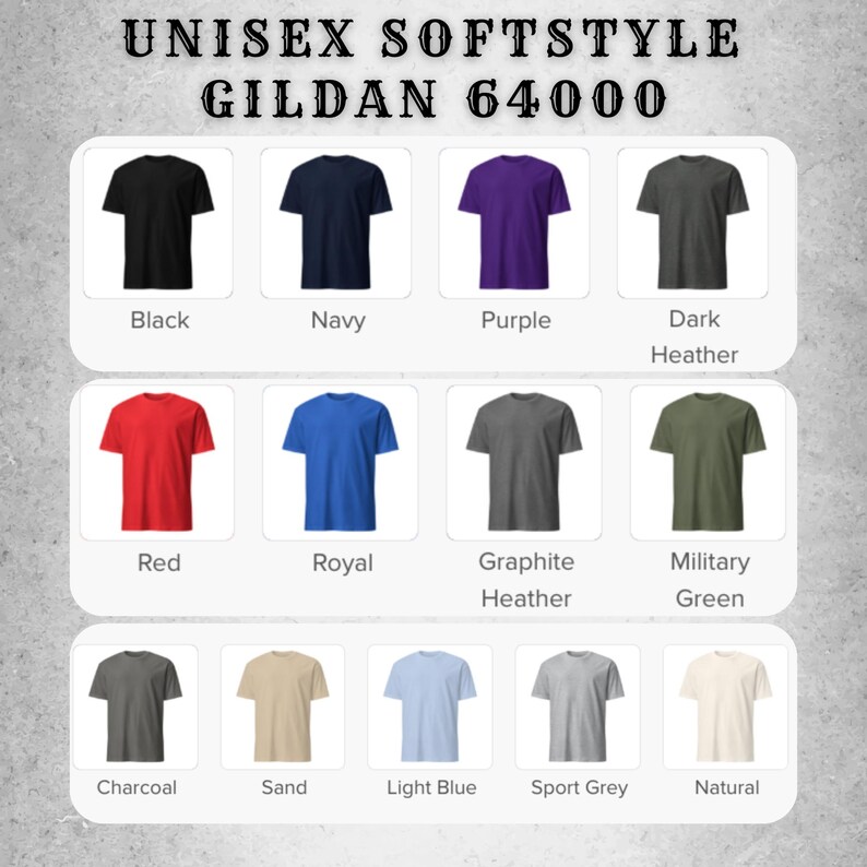 Op de afbeelding: Een display van Gildan 64000 unisex softstyle t-shirts in diverse kleuren, waaronder zwart, marineblauw, paars, donkergrijs, rood, koningsblauw, grafietgrijs, legergroen, houtskool, zand, lichtblauw, sportgrijs en naturel.