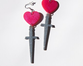 Resin Heart and Sword Earrings, Red Heart Silver Sword, Resin Heart and Dagger, Statement Earrings, Costume Jewelry