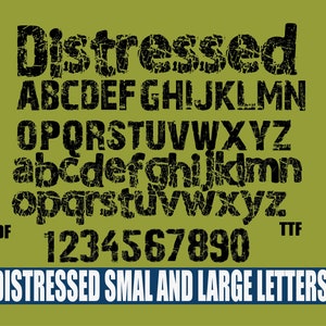 Può includere: Alfabeto di font distressed in nero con lettere maiuscole e minuscole e numeri. Il testo recita "Distressed" "ABCDEFGHIJKLMN" "OPQRSTUVWXYZ" "abcdefghijklmnopqrstuvwxyz" "1234567890" "ODF" "TTF" "DISTRESSED SMALL AND LARGE LETTERS".