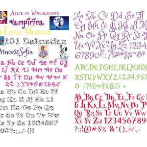 May include: A white background displays various fonts and character sets. Text includes titles like "Alice in Wonderland" and "The Little Mermaid," alongside character illustrations. Several font styles are showcased in different colors.