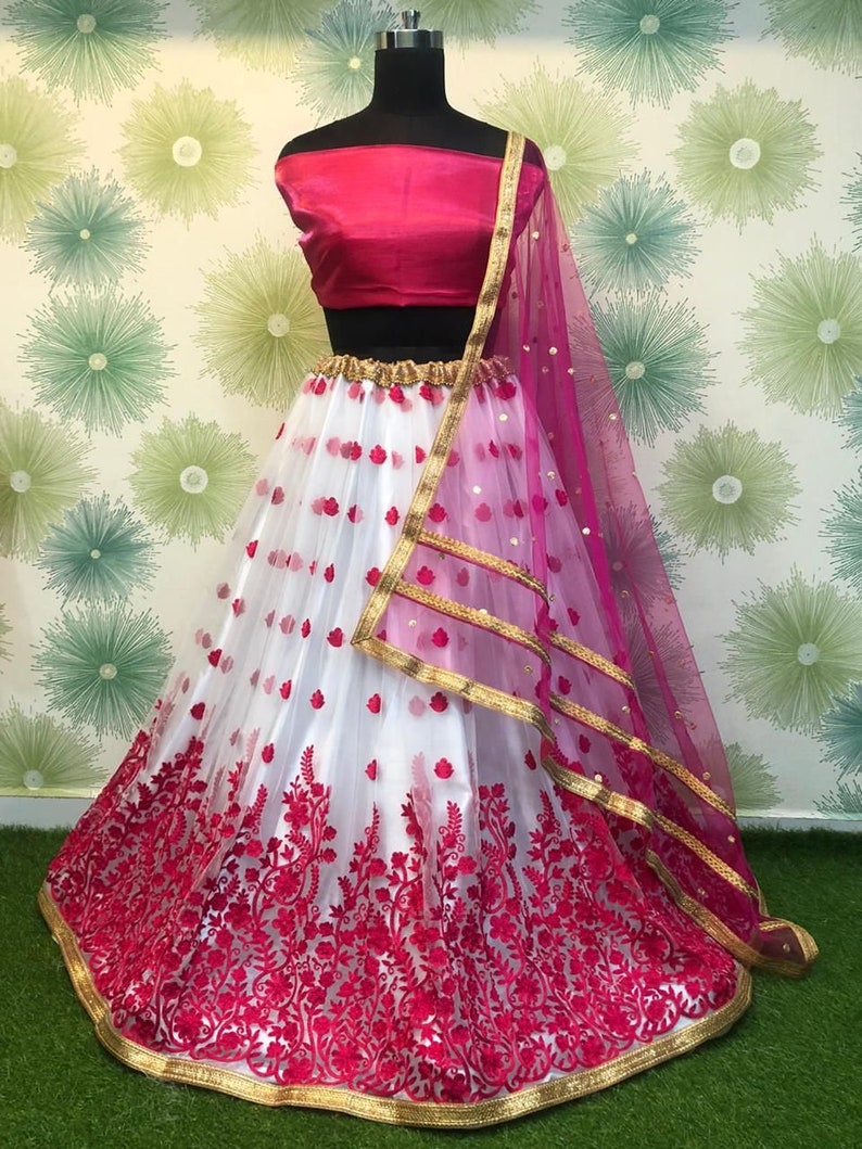 Exclusive Heavy Net Lehenga Choli With Embroidery And Motti Work With Satin Banglory Silk Blouse For Women