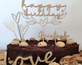 Caketopper Geburtstag personalisiert, Happy Birthday Cake Topper mit Name und Herzen