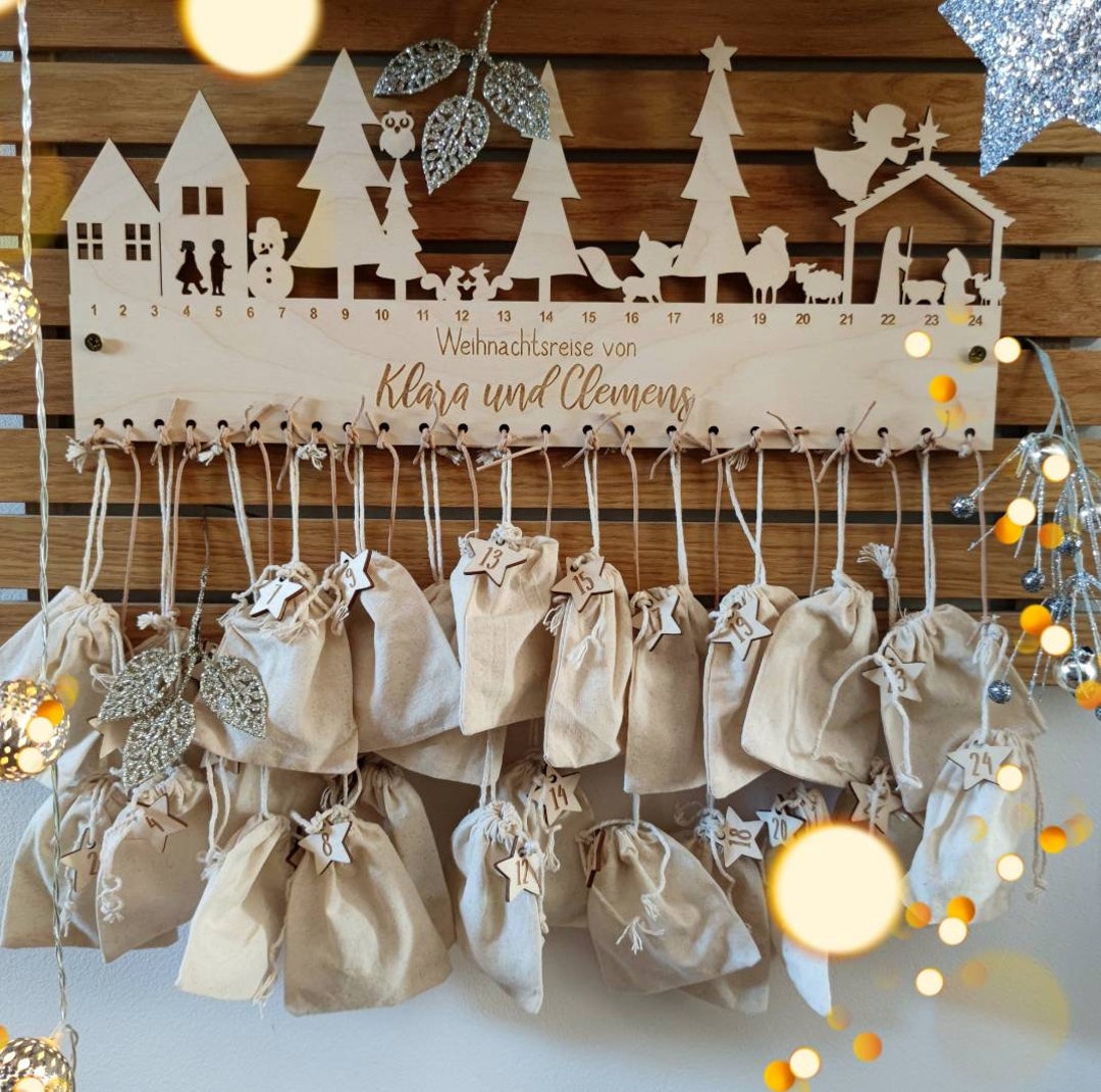 Personalisierter Adventskalender für Kinder aus Holz mit Säckchen von 1